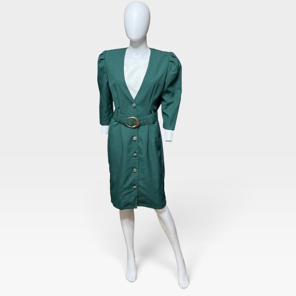 Vintage 80s Whirlaway Frocks Dress 10P Teal Black Puff Sleeve Belted Midi USA
